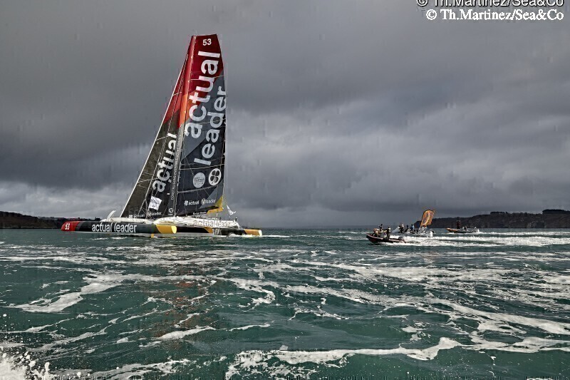 THM-19_47130_BREST ATLANTIQUES : 19_47130   Th.Martinez/Sea&Co .BREST, FRANCE. 7 Dcembre 2019.Arrive BREST ATLANTIQUES, course en double sur multicoques de la Classe ULTIM 32/23. Arrive en 3me place d? ACTUAL LEADER skipper Yves Le Blevec (FRA) , co-skipper Alex Pella ( ESP) & Ronan Gladu (Mediaman) © Th.Martinez/Sea&Co